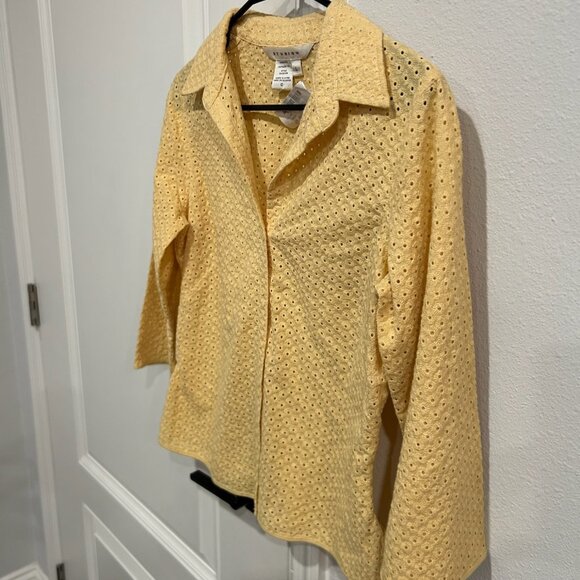 Studio M Yellow Eyelet 3/4 Sleeves Button-Up Blouse Size L Breezy Lightweight - Picture 3 of 10